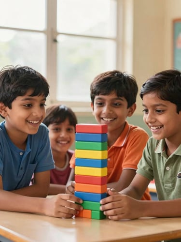 Bright joyful photography of happy Indian children building a colorful block tower together in a sunny classroom, natural window daylight, warm candid expressions