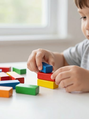 Candid close-up of a child's hands carefully arranging bright wooden blocks on a clean table under soft window light, shallow depth of field