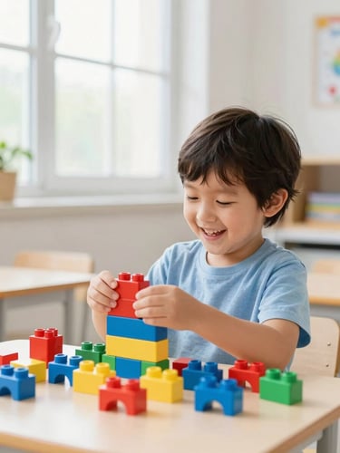 A happy child playing with colorful building blocks in a bright, sunlit classroom