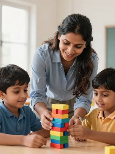 Candid medium shot of a caring female teacher guiding a young Indian child building a colorful wooden block tower, bright classroom, soft focus background.