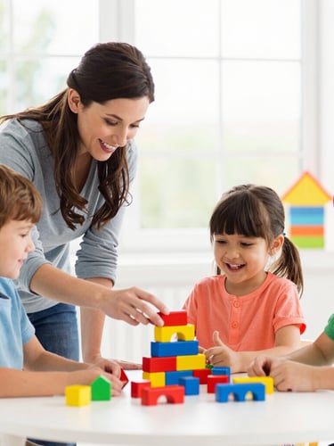 Caring teacher interacting at eye-level with joyful toddlers building colorful blocks in a bright classroom flooded with natural window daylight.
