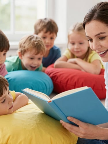 Candid close-up photography of a caring teacher reading a storybook to a small group of toddlers resting on soft colorful cushions, warm daylight, cozy atmosphere