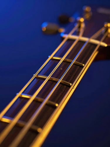 Macro close-up of golden veena strings under deep blue and neon saffron backlighting, futuristic editorial photography, high contrast, 35mm