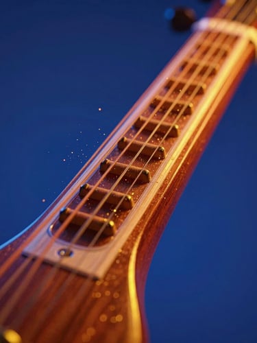 Dramatic close-up of a classical Indian veena, glowing neon saffron and deep blue backlight catching the metallic strings, dust particles floating in high-contrast light, futuristic editorial style