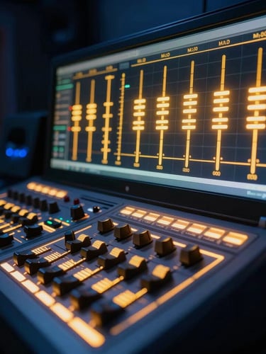 A high-tech digital radio studio at night, glowing neon saffron equalizers reflecting on dark glass, futuristic broadcast setup, wide angle, 35mm