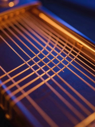 Macro close-up of a golden veena string vibrating under dramatic neon saffron and deep blue studio lighting, futuristic editorial photography, 35mm