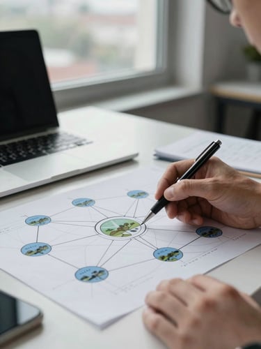 Environmental shot of a network diagram spread on a desk, a consultant's hand annotating it with a pen, overcast daylight through office window, laptop open beside it