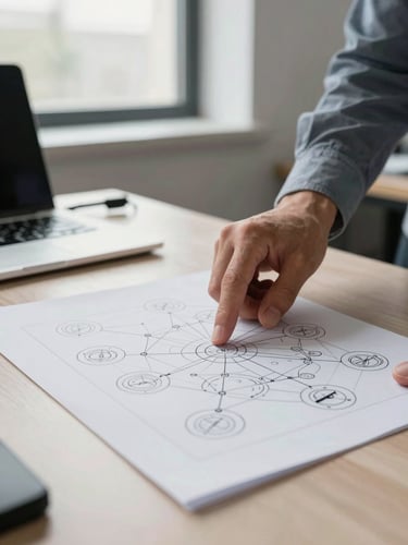 Environmental wide shot of a consultant's hands tracing a printed network diagram on a desk in a small office, natural north-facing window light, cables and a laptop visible in the background, no dramatic shadows