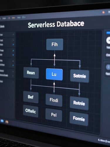 Macro-focused, high-fidelity UI visualization of a serverless database architecture interface, cool controlled studio light with subtle blue undertones, dark mode UI elements, razor-thin grid lines.