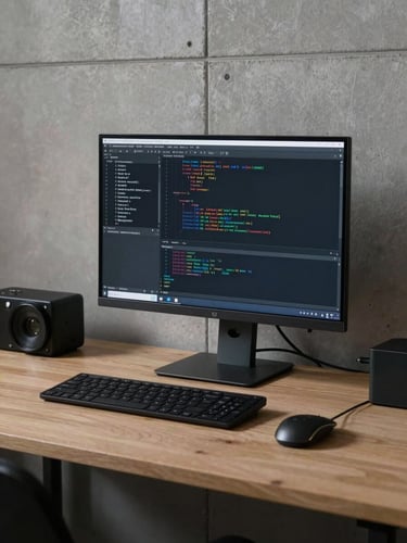 Nahaufnahme eines modernen, minimalistischen Arbeitsplatzes in München, gedämpftes Studiolicht, ein High-End-Monitor zeigt sauberen Code, im Hintergrund eine strukturierte Betonwand.