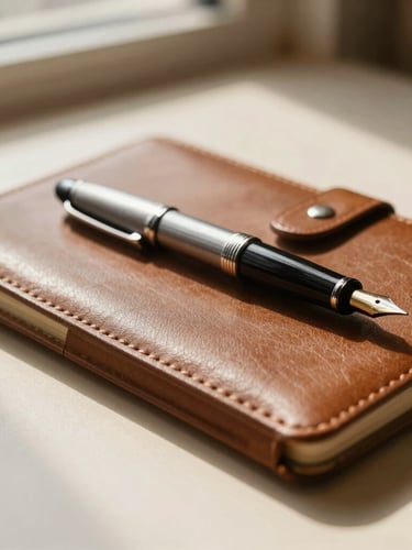 Close-up of a fountain pen resting on a leather notebook, warm natural light casting soft shadows on a cream desk, shallow depth of field, 35mm