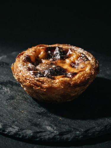 Dramatic chiaroscuro food photography, extreme close-up of a single minimalist Portuguese pastel de nata on a dark slate plate, harsh side light casting deep shadows, gallery aesthetic.