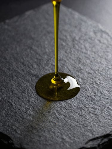 Macro shot of cold-pressed Portuguese olive oil slowly dripping onto a textured dark stone plate, high-contrast chiaroscuro lighting, deep shadows, 50mm lens