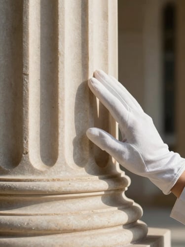 A vertical macro shot of a white-gloved hand gently inspecting a flawless fluted limestone column, soft afternoon side-light.