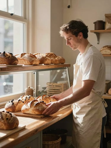 A quiet, sunlit local bakery counter, a baker in a clean apron placing fresh bread on a wooden shelf, soft morning light, natural shadows, realistic environmental portrait.