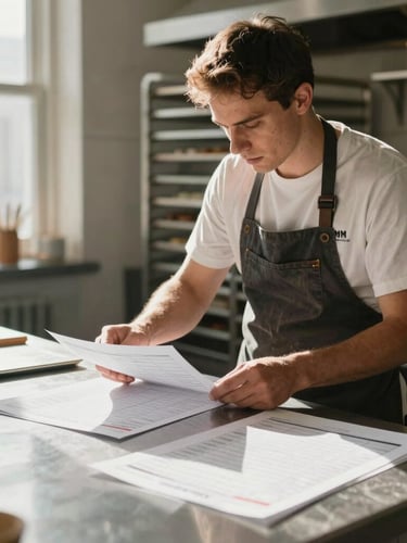 A local bakery owner reviewing printed schedules in a sunlit kitchen, natural morning light, soft shadows, medium portrait.