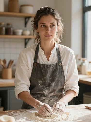 A quiet, warm environmental portrait of a local bakery owner in natural morning light, dusted with flour, looking thoughtfully off-camera in her well-lit workspace.