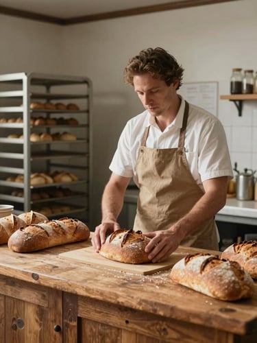 A medium-wide environmental portrait of a local baker in soft morning light, arranging fresh loaves on a rustic wooden counter, authentic workspace.