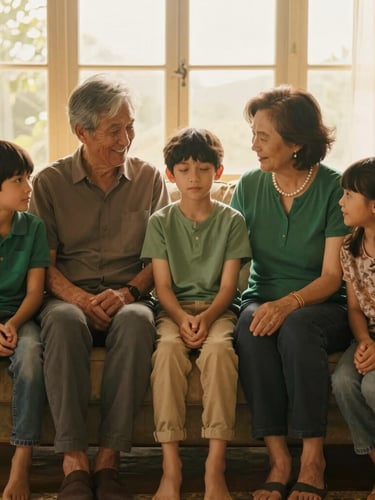 A warm multi-generational family sharing a quiet, authentic moment in a sunlit living room, soft golden-hour lighting, relaxed and natural expressions