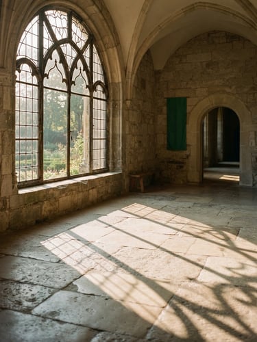 Soft morning light filtering through a high arched window, casting long serene shadows on a clean stone floor, minimalist and calm atmosphere