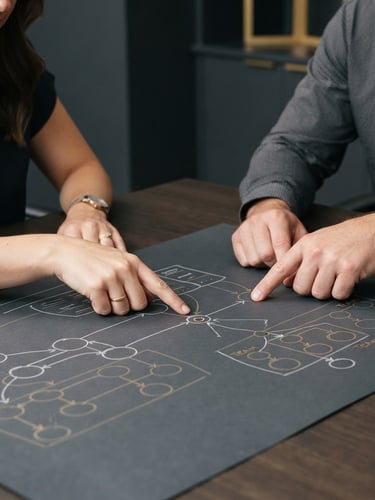 Close-up of hands pointing to a clean organizational diagram on a table during a structured planning session, neutral studio lighting, dark charcoal background.