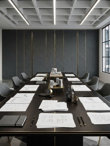 Architectural geometric view of a modern clean conference room, structured planning paperwork on a dark table, neutral studio light, gold accents, 50mm lens