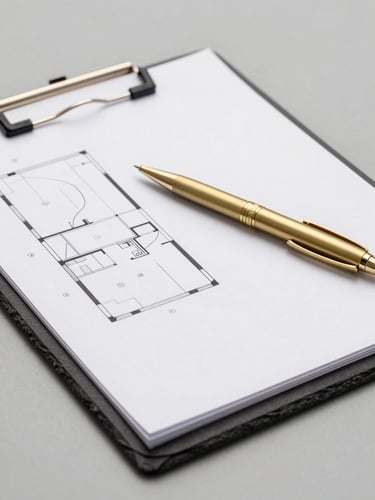 Close-up architectural shot of structured planning documentation on a dark slate clipboard, a gold mechanical pen resting on the page, crisp neutral studio lighting, high contrast.