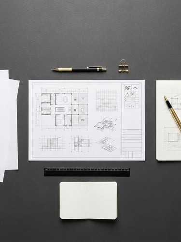 Architectural overhead view of a dark gray desk, crisp white planning documents, a gold pen, sharp neutral studio lighting, 50mm lens, high contrast.