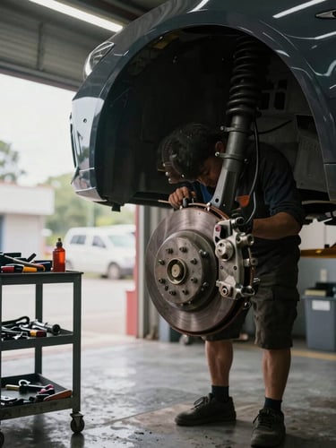Straight-on eye-level shot of an active garage bay at G.D Auto, a mechanic working on a brake assembly under warm industrial work lights, tools organized on a metal cart nearby, natural overcast daylight filtering through the open bay door.