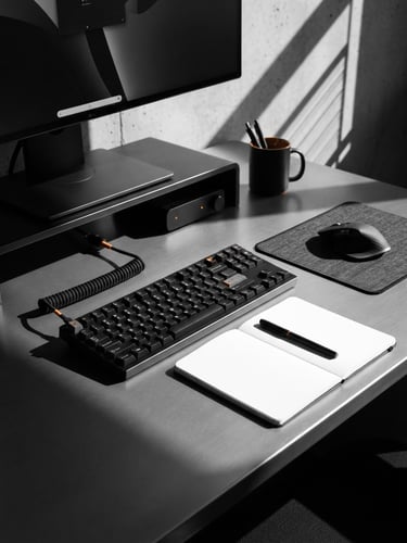Sleek metallic desk setup with a black mechanical keyboard, minimalist notebook, and sharp architectural shadows, studio lighting, high-contrast monochrome with subtle orange accents