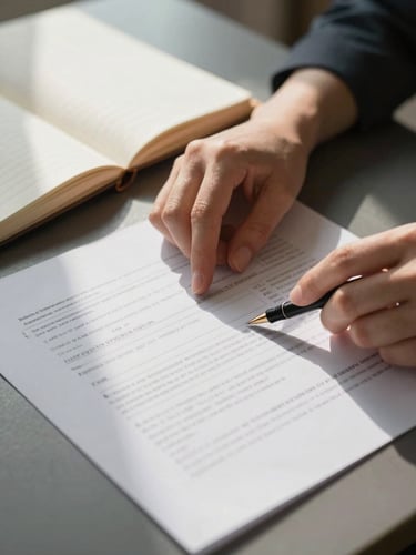 Close-up of a woman's hands resting on a desk reviewing a printed job application, natural window light casting soft shadows across the page, a worn notebook open beside her