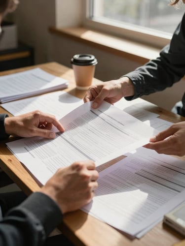 Environmental wide shot of a community member seated at a wooden desk reviewing printed materials under warm natural window light, hands visible on paperwork, a coffee cup nearby, unhurried and focused