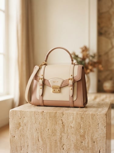 An elegant structured leather handbag placed on a warm travertine stone plinth, soft diffused window light, cream and dusty pink tones, shallow depth of field, 35mm