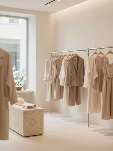 Warm environmental shot of a minimalist boutique interior in Ampang, soft neutral tones, elegant clothing racks and stone displays, diffused window light, 35mm