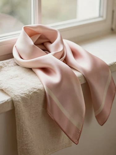 Warm editorial photography of soft beige linen fabrics and elegant silk scarves draped over a stone ledge, diffused natural window light, shallow depth of field, 35mm