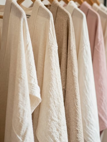 Warm editorial close-up of premium fabric textures, cream and beige linen hanging on a wooden rack in a sunlit boutique, soft shadows, 35mm