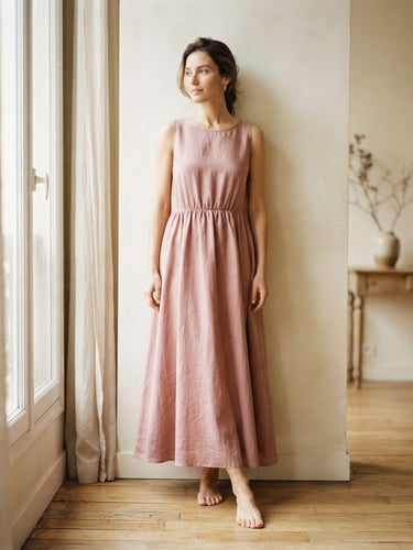 Elegant full-length shot of a dusty rose linen dress draped softly, warm natural window light, cream background, editorial fashion photography, shallow depth of field, 35mm