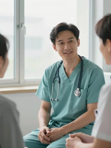 Medium shot of a professional medical doctor in clean scrubs, interacting warmly with a patient in a bright, orderly room with soft daylight.