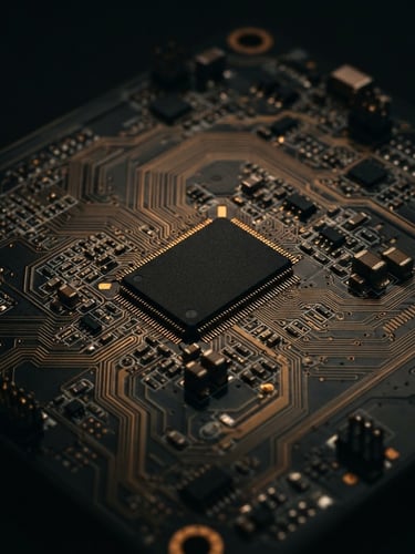 Macro photography of clean motherboard traces and a matte black silicon chip, sharp amber rim lighting, dramatic low-key studio lighting, 50mm