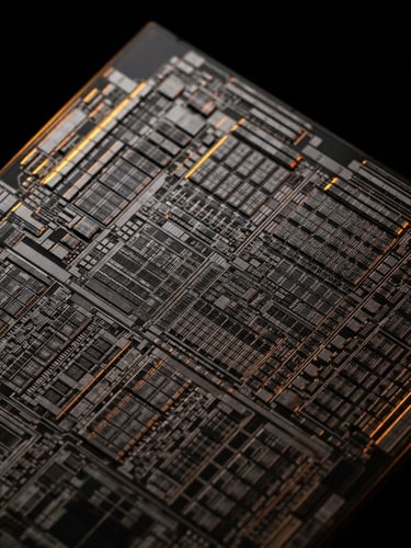 Dramatic close-up of a raw silicon processor die with sharp amber rim lighting on a matte black background, showcasing intricate micro-architecture.