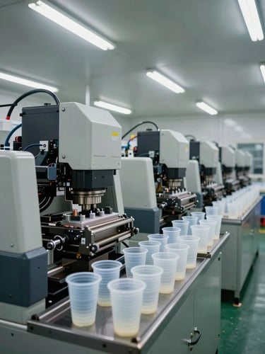 Wide three-quarter view of industrial plastic cup manufacturing machinery inside a clean factory floor, high-key overhead fluorescent lighting, rows of automated molding equipment in sharp focus, no workers, no beverages