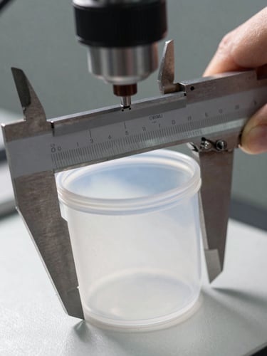 Extreme close-up of plastic cup rim and wall texture on a quality control station, bright north-facing studio lighting, steel caliper measuring cup wall thickness, industrial inspection surface, no hands