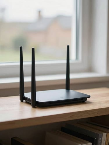 A modern UK living room with soft overcast daylight filtering through the window, a router resting on a light wooden shelf in the background, shallow depth of field