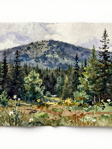 A high-fidelity flat scan of a Yukon watercolor painting showing the deckled edges of heavy unbleached paper, soft diffused northern daylight, charcoal and deep forest green washes settling into the rich grain.