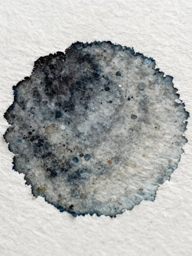 Macro scan of watercolor paint settling into heavy unbleached cotton paper, showing deckled edges and raw mineral pigment granules under soft diffused daylight