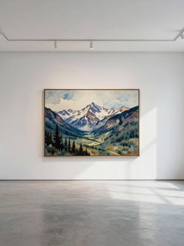 A quiet, minimalist white-walled gallery interior with soft northern daylight casting gentle shadows, a single large framed watercolor painting of a silent Yukon mountain valley hanging on the central wall, wide angle, high negative space.