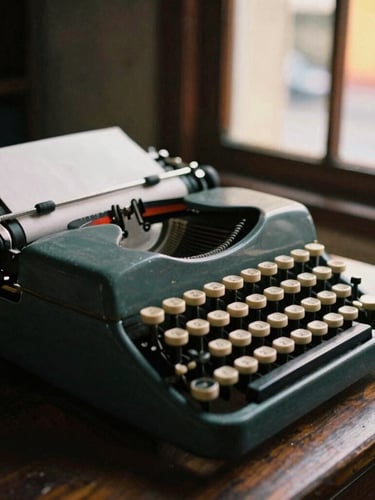 Candid close-up of a vintage typewriter on a dark wooden desk in a Mexico City study, warm low-light neon glow from the window, 35mm film grain
