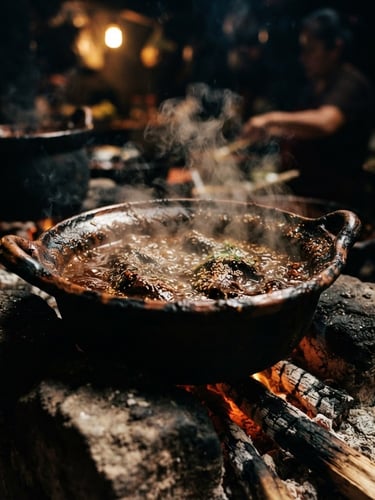 Close-up of a steaming clay pot of mole on a rustic hearth in Oaxaca, high-contrast chiaroscuro lighting, rich dark tones, 35mm film grain