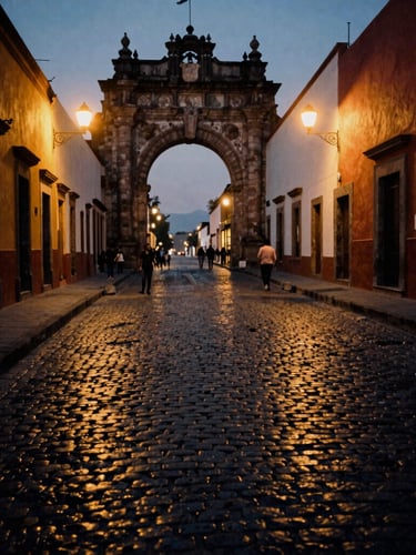 Candid street scene in Querétaro at dusk, warm streetlights reflecting on cobblestones, historic stone archway in the background, high contrast shadows, 35mm film grain