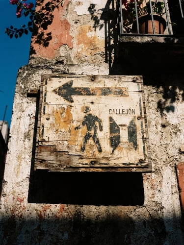 Close-up of a rustic, hand-painted street sign on a textured plaster wall in Mexico City, harsh midday shadows, high-contrast chiaroscuro, warm tones.